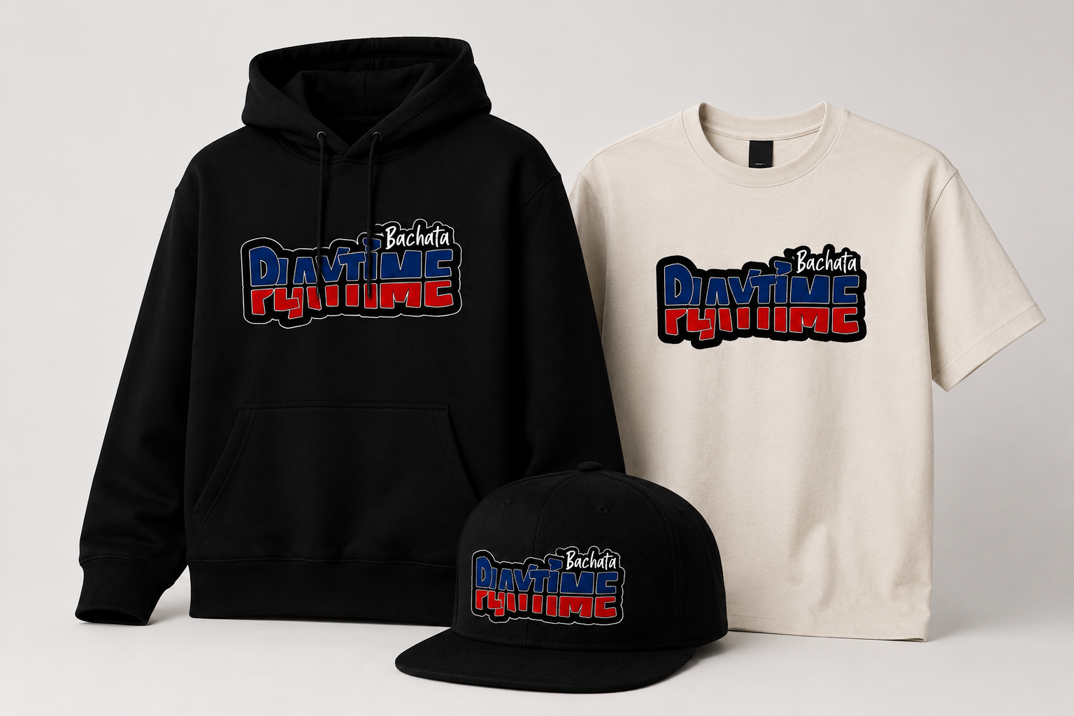 Playtime Bachata merch — hoodie, tee and cap